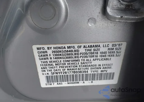 2007 Honda Pilot Lx from USA, damaged, VIN 5FNYF28177B038394